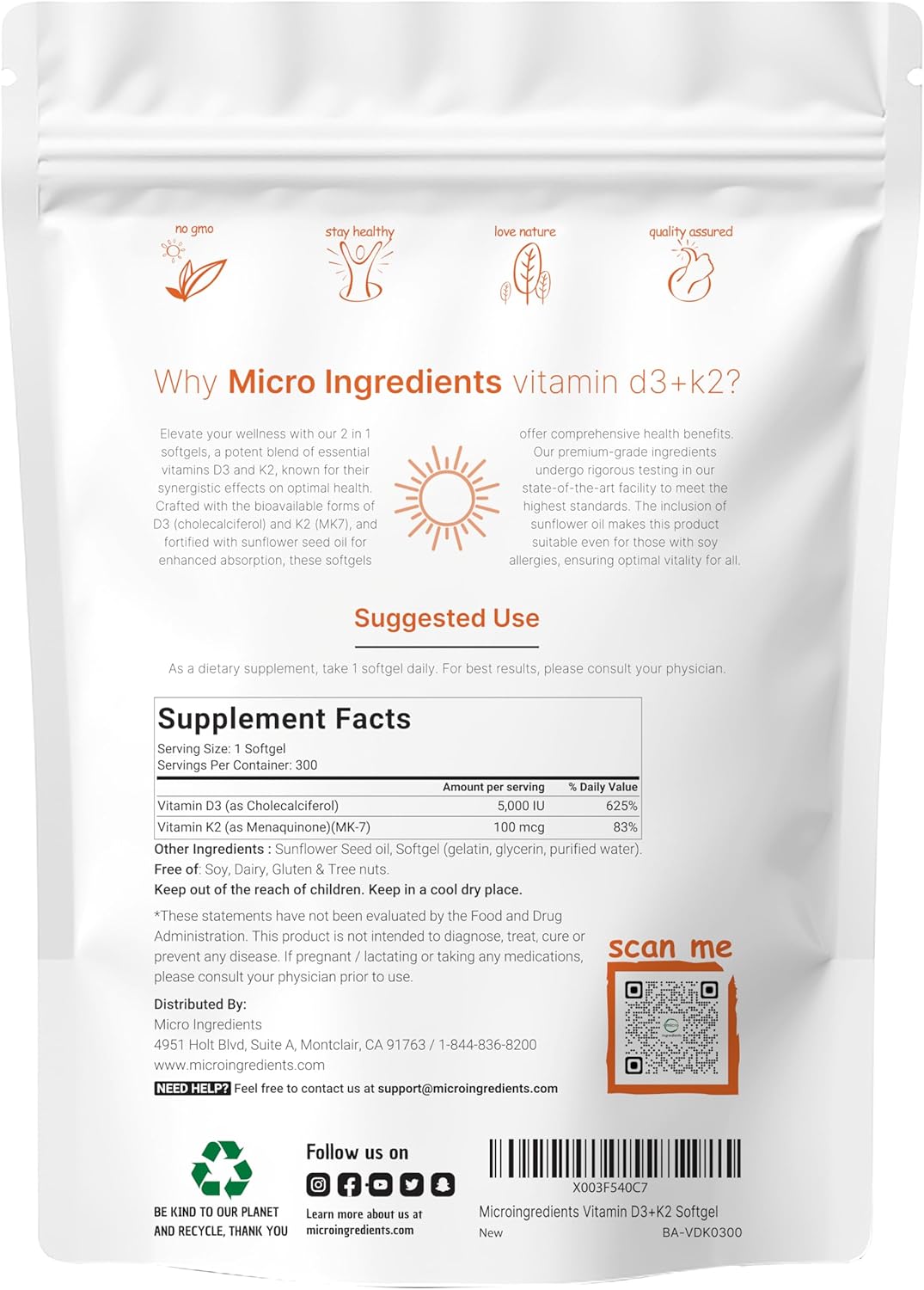 Micro Ingredients Vitamina D3 5000 IU con K2 100 mcg, 300 Softgels | Suplemento de Vitamina K2 MK-7 con D3, 2 en 1 para Apoyo Inmunológico, Salud del Corazón, Articulaciones, Dientes y Huesos - Fácil de Tragar